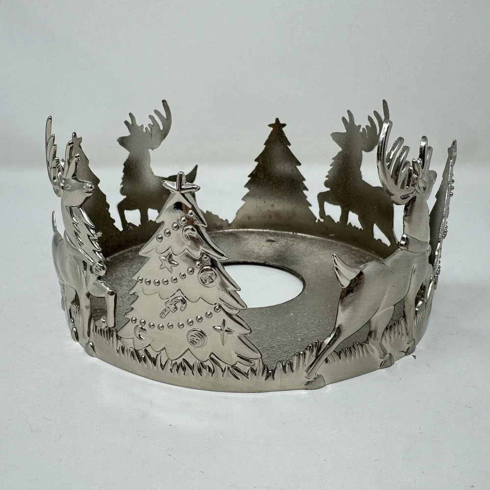VTG International Silver Holiday Reindeer Tree Candle Pillar Holder 6